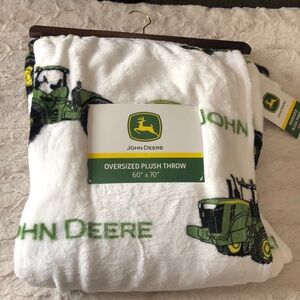 John Deere White Plush Throw with Green Tractor Motif